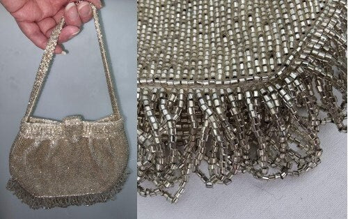 Vintage Beaded Purse 1950s 60s Silver Glass Bugle Bead Small Top Handle Bag Beaded Fringe 1930s Style Flapper Deco