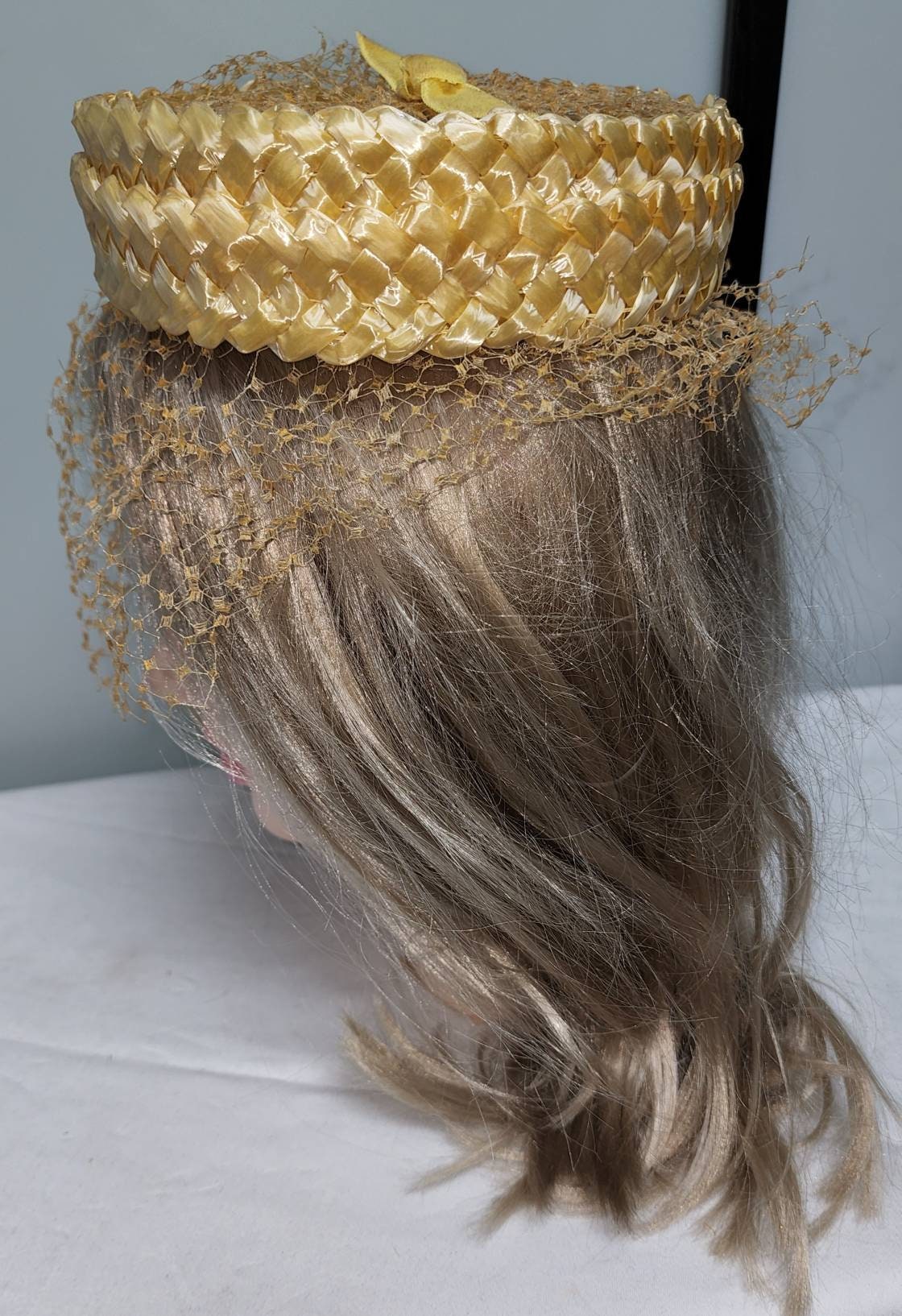 Vintage Ring Hat 1950s 60s Open Yellow Straw Ring Hat Net Veil Velvet Ribbon Mid Century Rockabilly some holes in veil