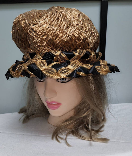 Vintage 1960s Hat Large Bouffant Brown Woven Diamond Patterned Round Straw Black Ribbon Trim Mr. John Mid Century Mod