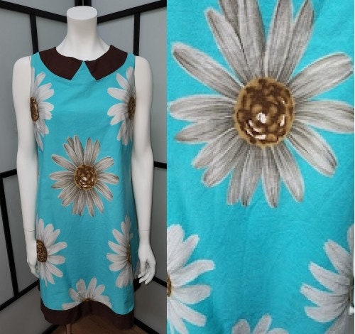 Vintage 1960s Dress Cute Turquoise Blue Large Floral Print Shift Trapeze Dress Brown Accents Mod Boho M