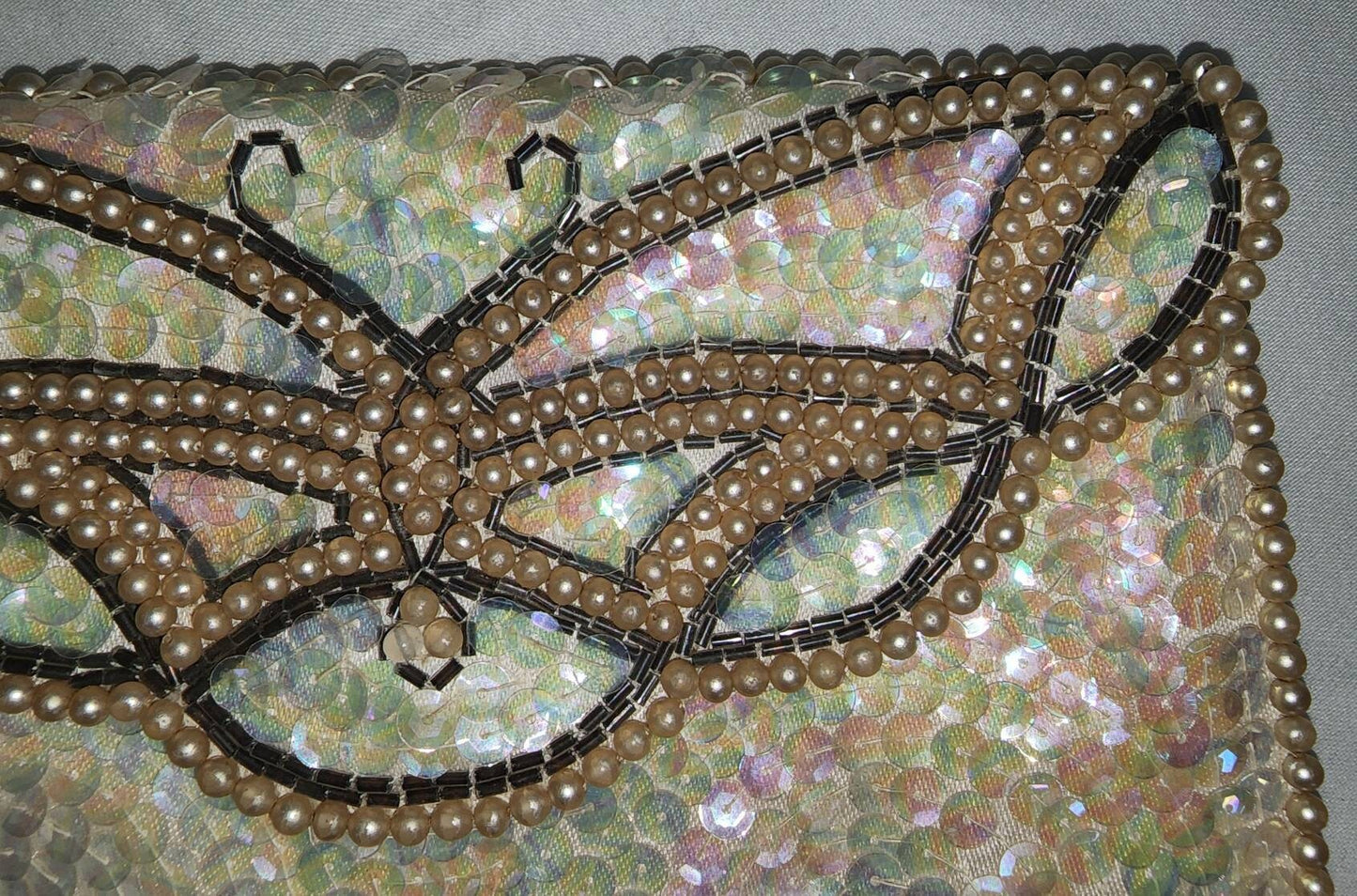 Vintage Sequin Bead Purse 1960s Small Cream Satin Beaded Sequin Butterfly Clutch Wedding Bridal Rockabilly 7.5 x 5 in. 1 or 2 missing pearl
