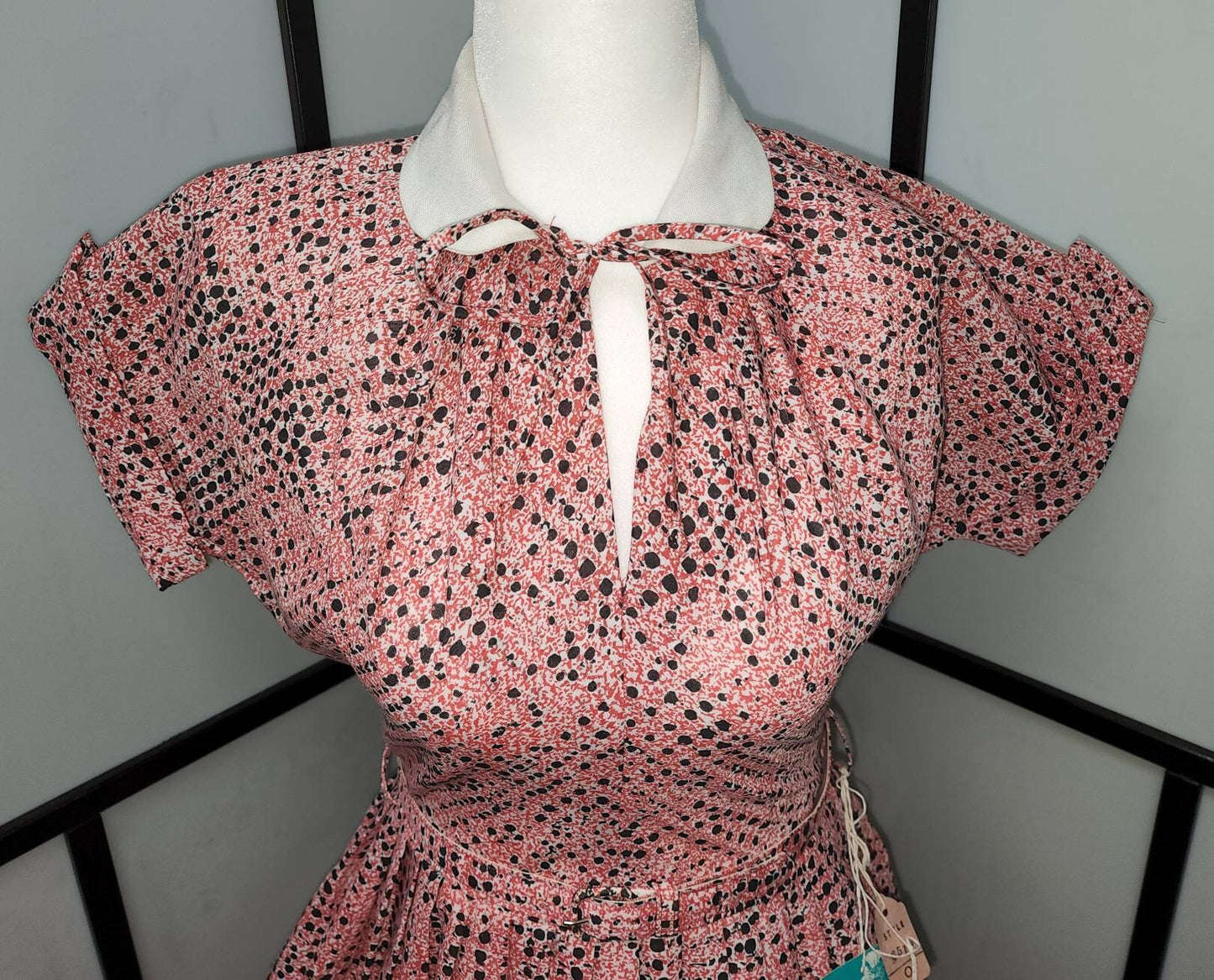 DEADSTOCK Vintage 1950s Dress Red Black Abstract Dot Pattern Day Dress White Collar Keyhole Neck Unworn NWT Mid Century Rockabilly S