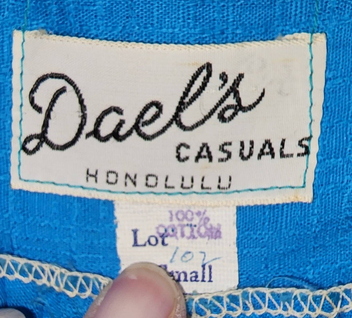 Vintage Hawaiian Dress 1960s Long Blue Cotton Screenprint Barkcloth Dress Dael's Casuals Honolulu Rockabilly Tiki Boho XS some dirt