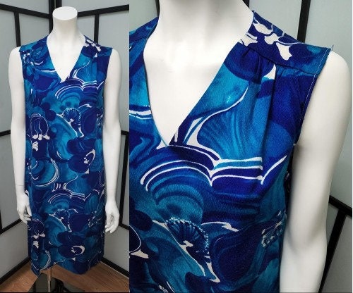Vintage Hawaiian Dress 1960s Short Blue Abstract Floral Hibiscus Print Dress Hawaii Rockabilly Tiki Boho M