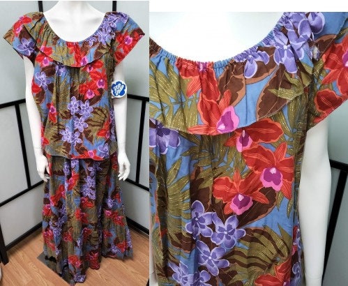 Unworn Vintage Hawaiian Top and Skirt 1980s Hilo Hattie Elastic Neck Top and Long Swingy Skirt Tropical Floral Print NWT Hippie Boho M