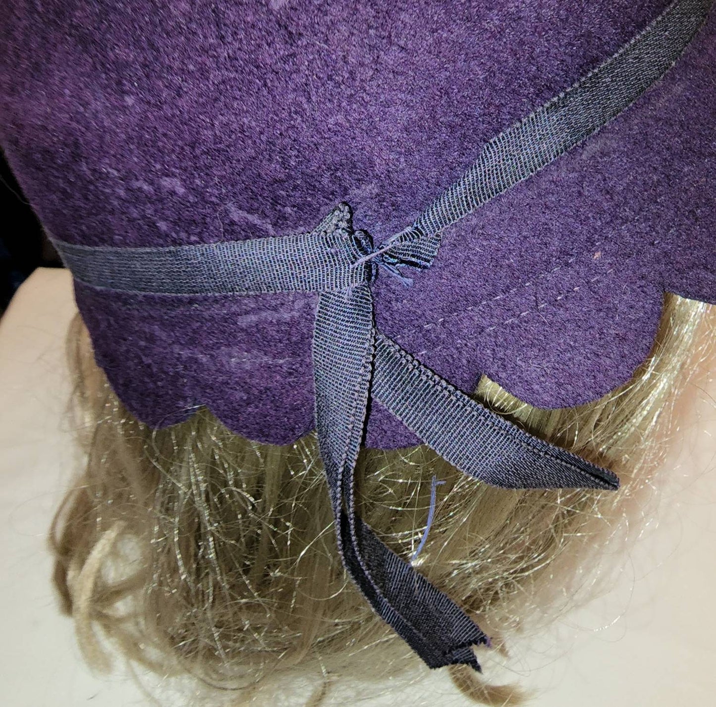 Vintage Felt Hat 1960s Round Purple Wool Felt Hat Scalloped Edges Black Ribbon Trim Merrimac Hat Corp. Rockabilly Mod 22 in.