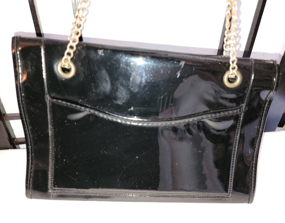 Vintage 1960s Purse Small Black Patent Leather Purse Chain Handle Mid Century Mod