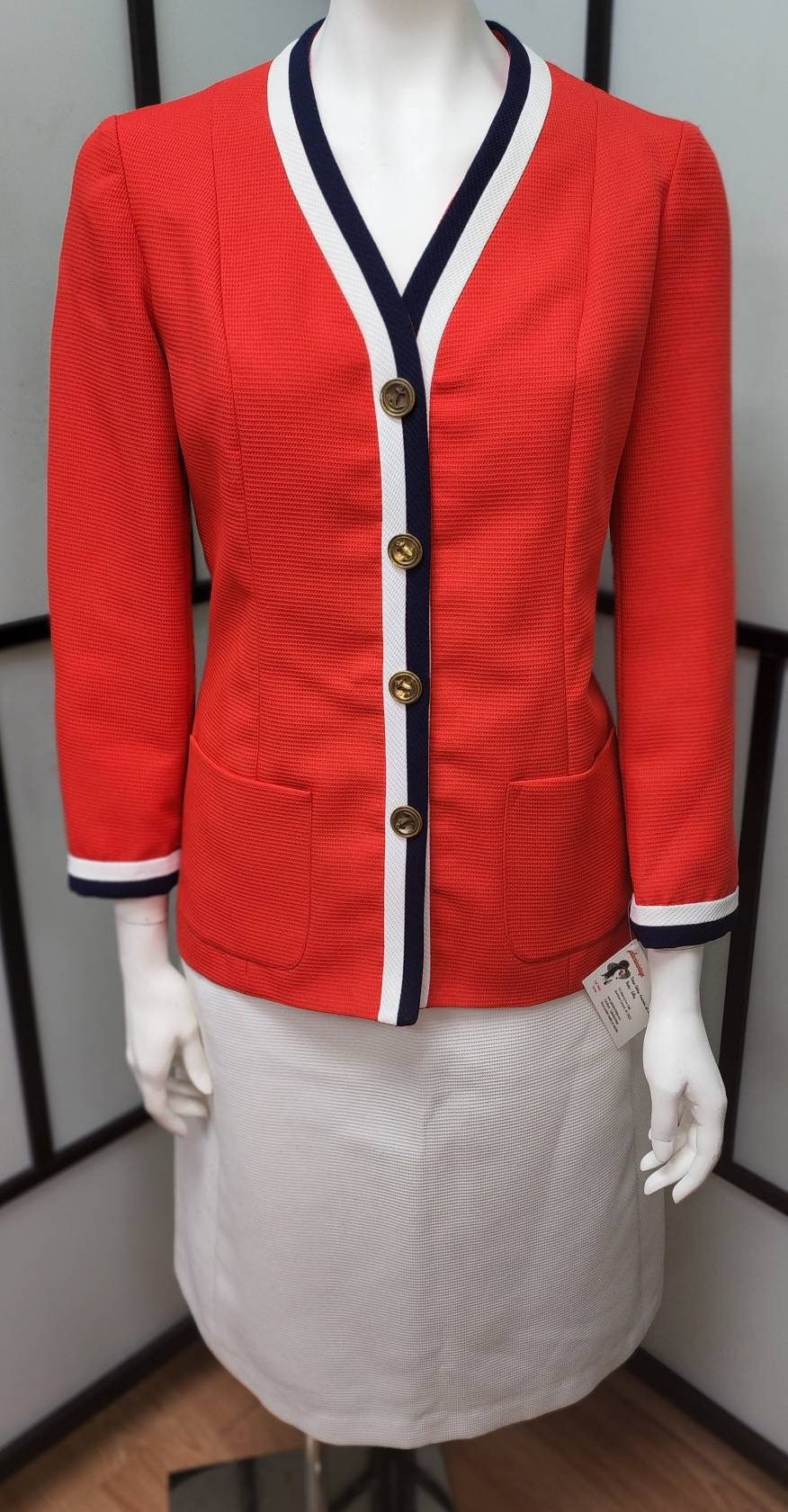 Vintage Skirt Suit 1960s Bright Orangey Red Blue White Classic Nautical Suit Gold Anchor Buttons Abercrombie & Fitch Boho S