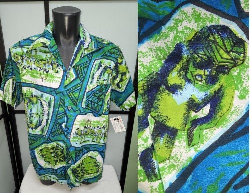 Vintage Men's Hawaiian Shirt 1960s Blue Green Cotton Tribal Print Hawaiian Shirt Mid Century Rockabilly M