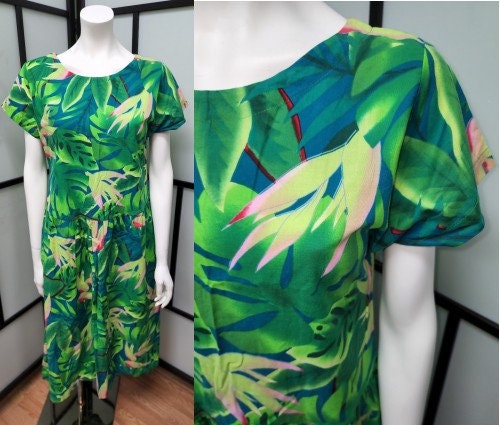 Vintage Hilo Hattie Dress 1980s Drop Waist Green Leaf Print Hawaiian Dress Boho M