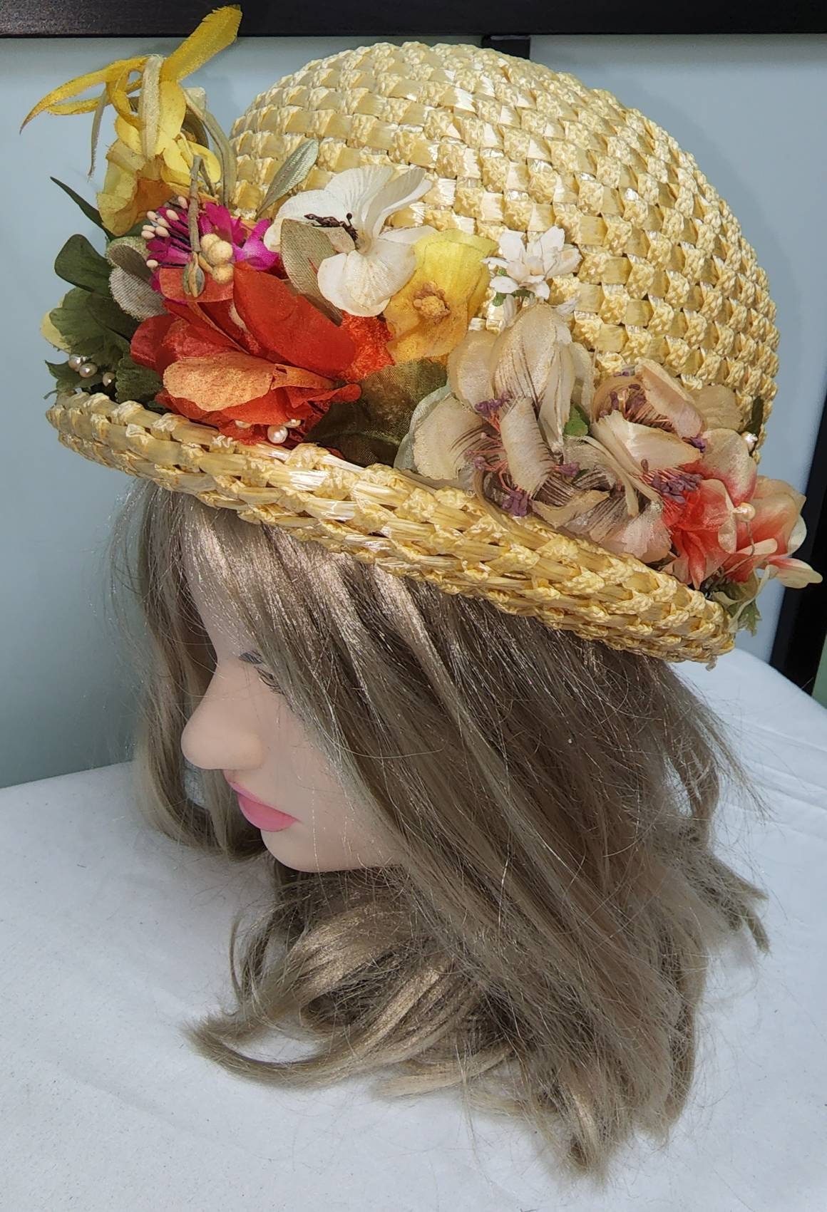 Vintage Floral Hat Large 1950s 60s Yellow Straw Bubble Hat Multicolor Floral Trim Coronet Mid Century Garden Party Rockabilly 21 in.