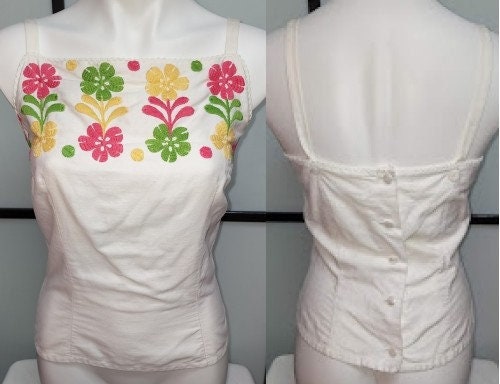 SALE Vintage Bustier Top 1960s White Cotton Back Button Bustier Top Colored Floral Embroidery Rockabilly Boho S