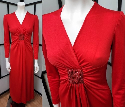 Vintage 1960s 70s Gown Long Red Nylon Dress Large Red Rhinestone Ornament Jerry Marsch for Mardi Gras Sexy Boho Disco S