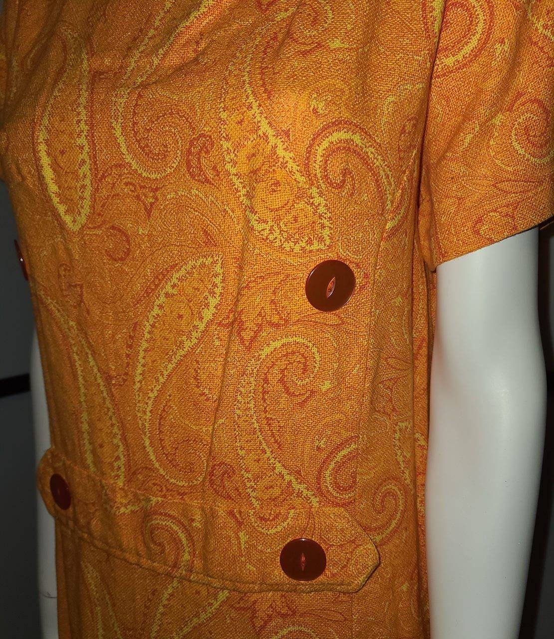 Vintage 1960s Dress Orange Yellow Heavy Cotton Linen Paisley Print Scooter Dress Large Buttons Fall Mod Boho M L