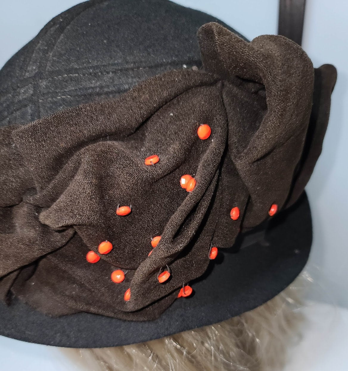 Vintage 1930s Hat Black Wool Cloche Hat Brown Ruched Fabric Ornament Orange Metal Dots Flapper Art Deco 21 in.