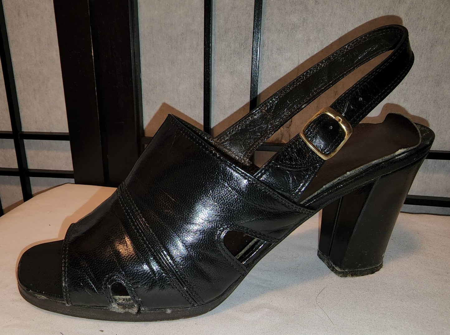 Vintage High Heel Sandals 1970s Black Leather Slingback High Heel Open Toe Shoes Boho 7 1/2 N