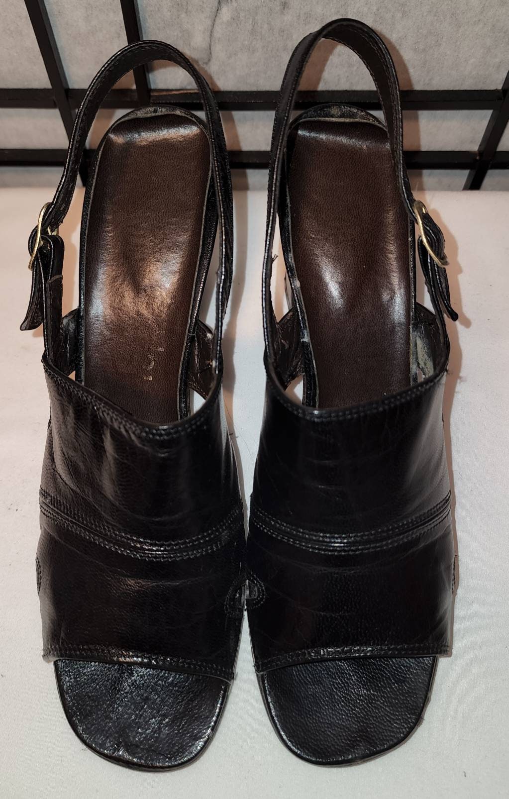 Vintage High Heel Sandals 1970s Black Leather Slingback High Heel Open Toe Shoes Boho 7 1/2 N