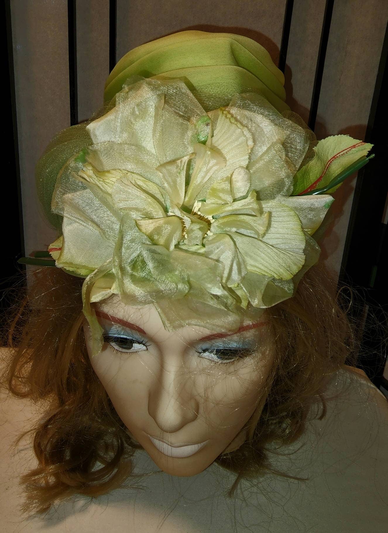 Vintage Floral Hat 1950s 60s Tall Light Green Fabric Net Hat Huge Front Flower Garden Party Mid Century Rockabilly 22.5 in.