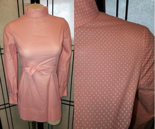 Vintage 1960s Minidress Pink White Swiss Dot Short Babydoll Minidress Long Tunic Top Mod Go Go Lolita S