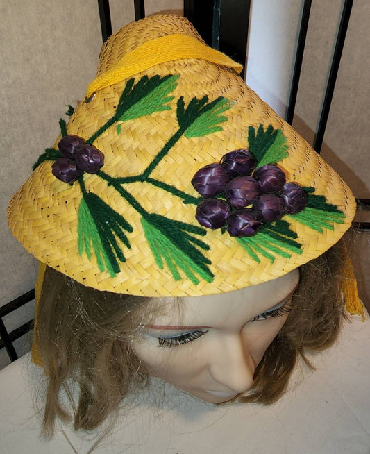 Vintage 1950s Hat Small Yellow Straw Cone Shape Asian Inspired Hat 3D Raffia Yarn Fruit Embroidery Mid Century Rockabilly 22.5 in.