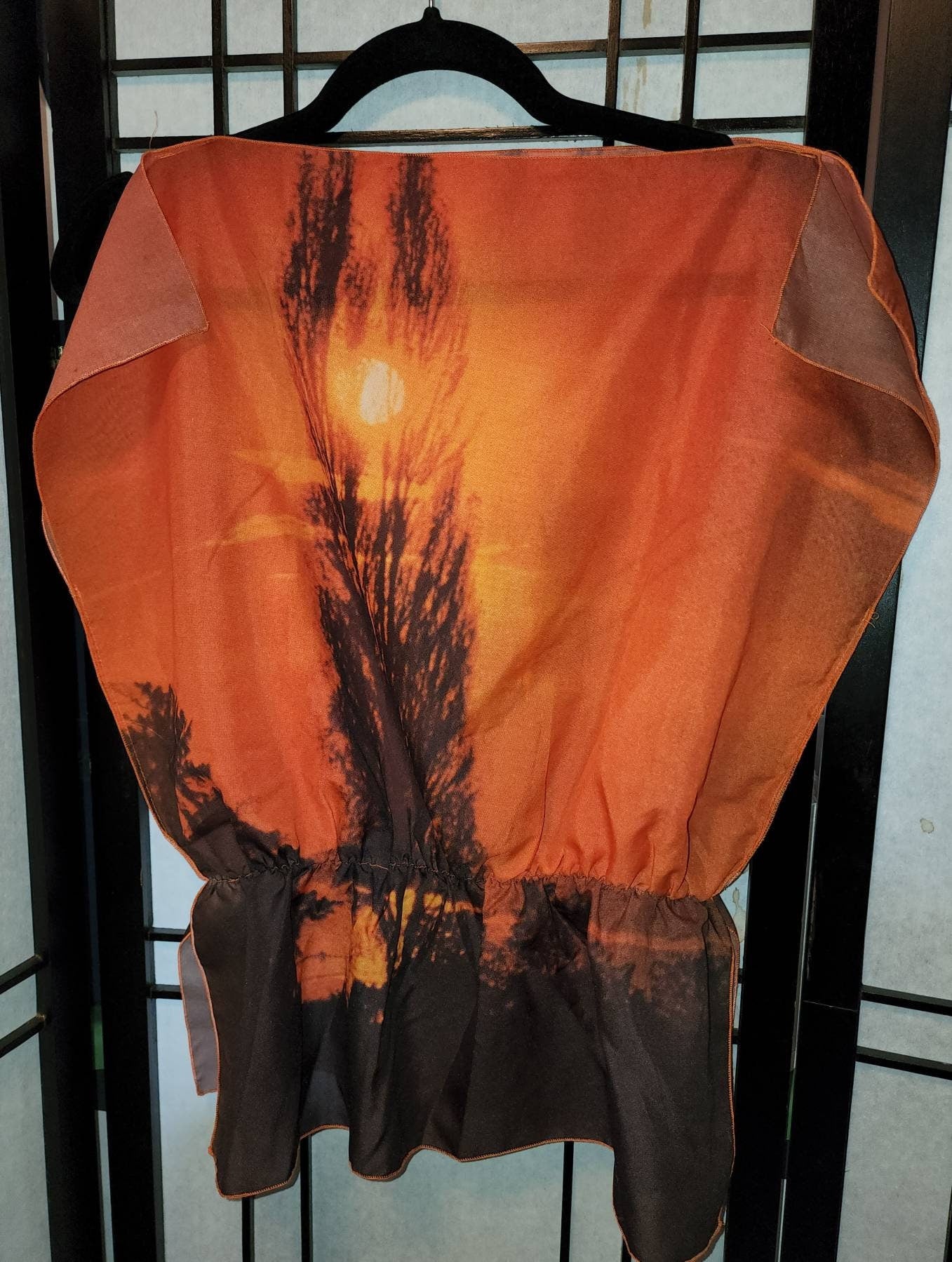 Vintage 1970s Top Amazing Photorealism Tree Sunset Print Both Sides Thin Nylon Pullover Top Peplum Waist Surfer Boho Beach M L