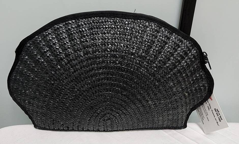 Vintage Clutch Purse 1970s Black Woven Straw Clamshell Shell Clutch Purse Made in Hong Kong Boho 9 x 15 in.