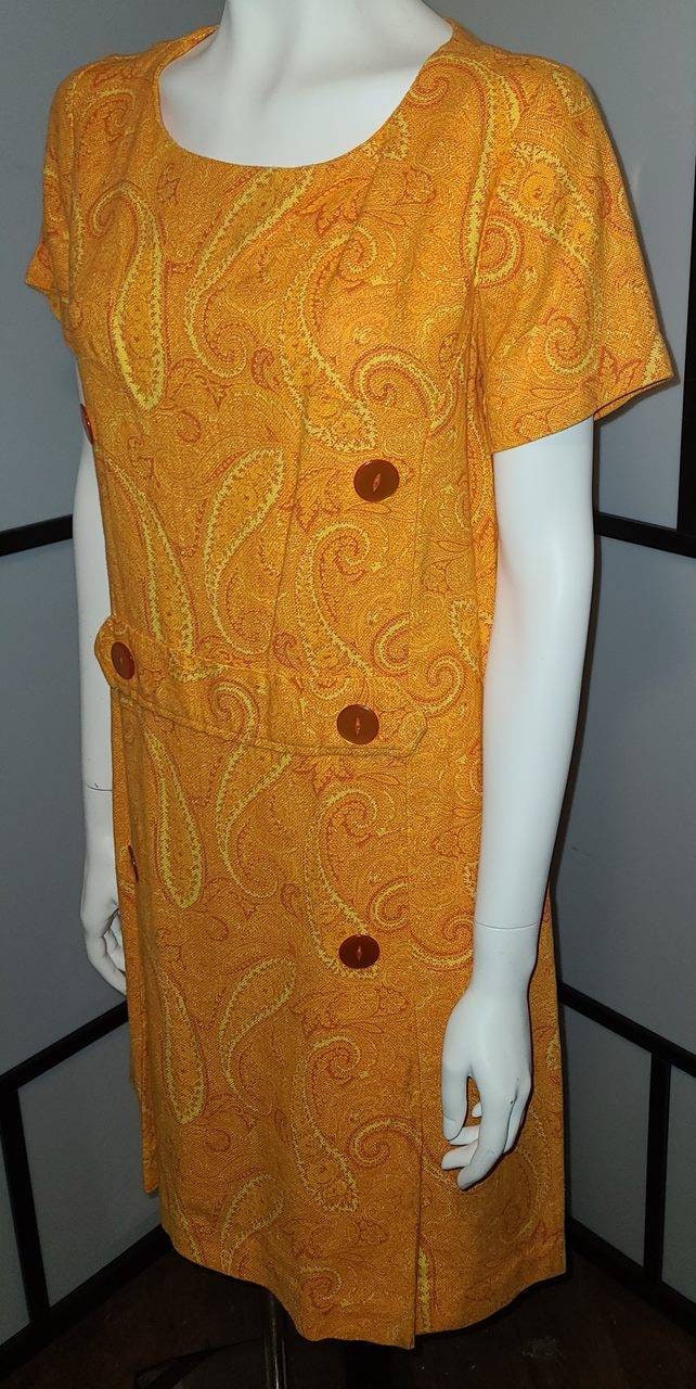Vintage 1960s Dress Orange Yellow Heavy Cotton Linen Paisley Print Scooter Dress Large Buttons Fall Mod Boho M L