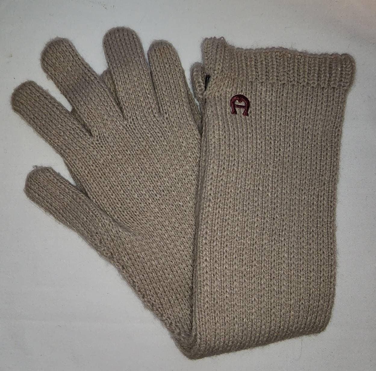 Vintage Etienne Aigner Gloves Beige Knit Long Gloves Forearm Length Maroon A Logo Designer Boho