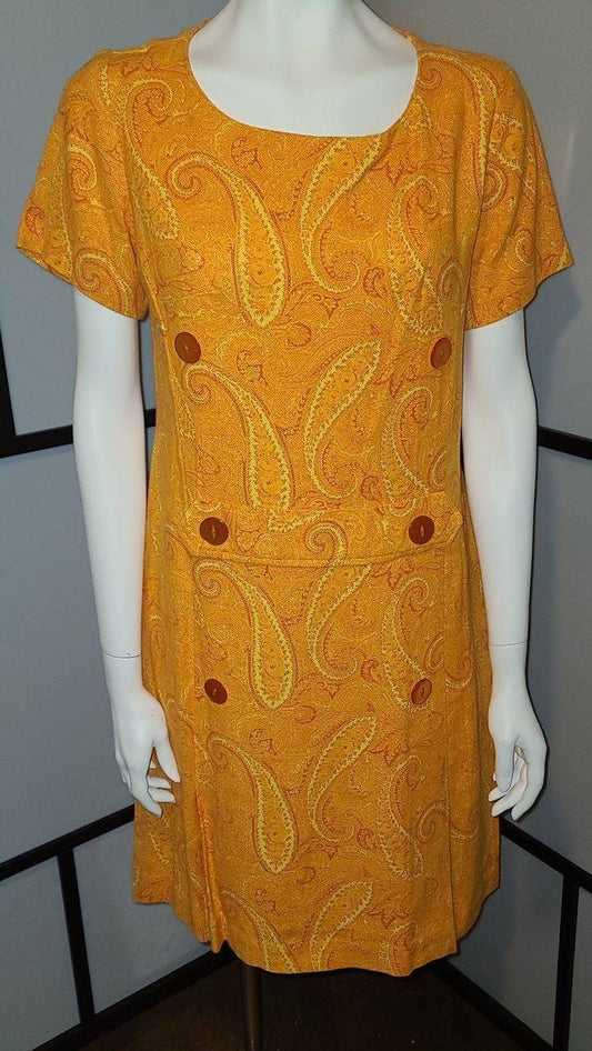 Vintage 1960s Dress Orange Yellow Heavy Cotton Linen Paisley Print Scooter Dress Large Buttons Fall Mod Boho M L