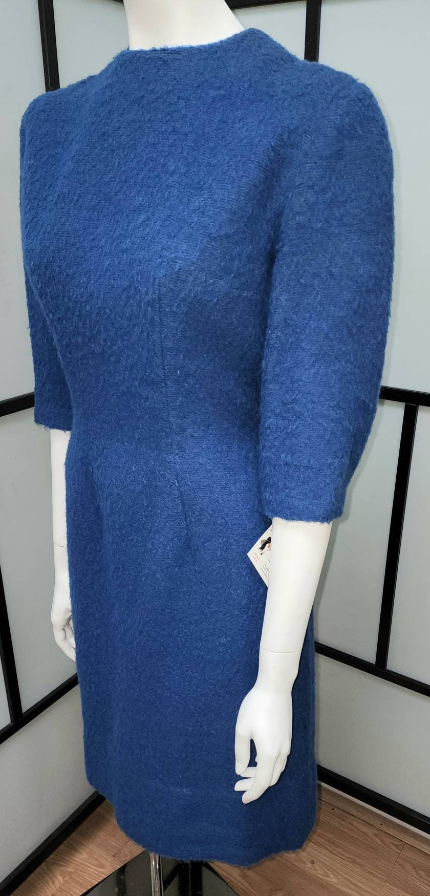 Vintage Wool Dress 1960s Blue Mohair Wool Wiggle Dress Darted Fitted Mid Century Rockabilly M L
