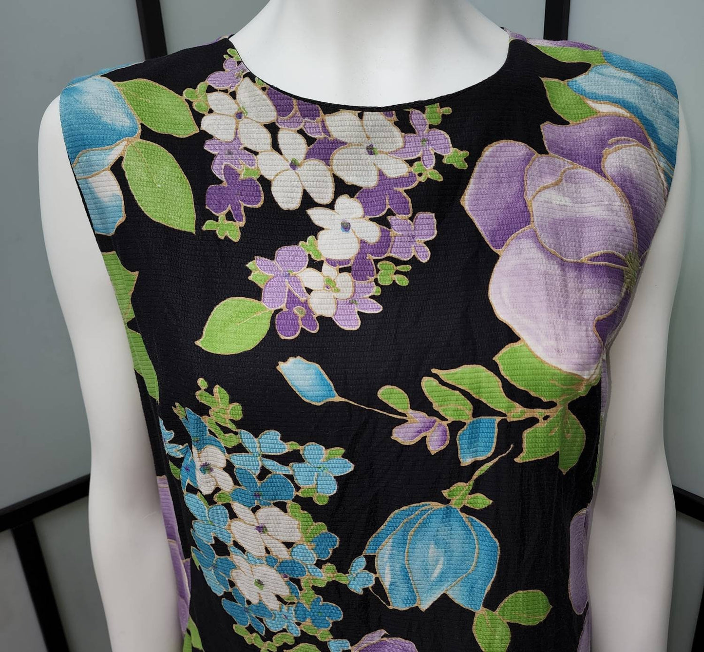 Vintage Shift Dress 1960s Cotton Blend Black Purple Large Floral Print Dress Mod Boho L