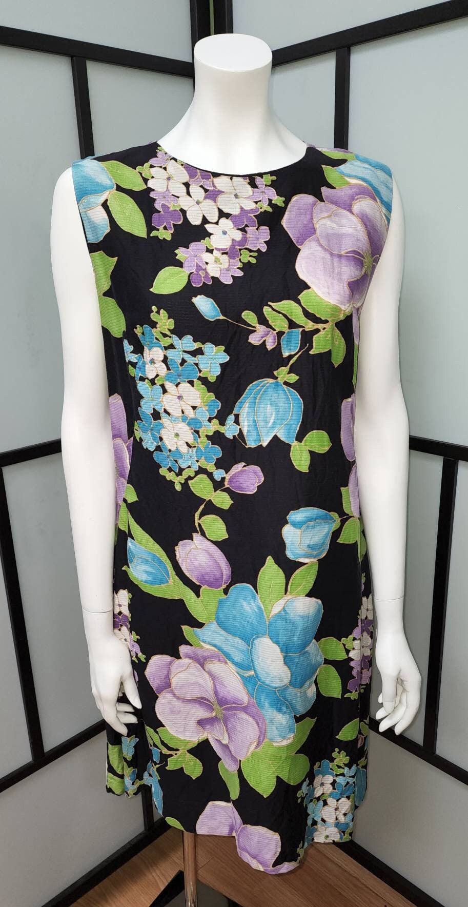 Vintage Shift Dress 1960s Cotton Blend Black Purple Large Floral Print Dress Mod Boho L