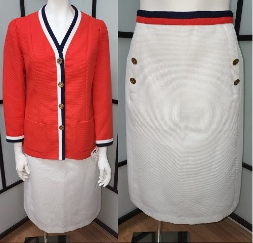 Vintage Skirt Suit 1960s Bright Orangey Red Blue White Classic Nautical Suit Gold Anchor Buttons Abercrombie & Fitch Boho S