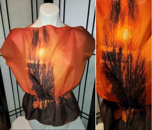 Vintage 1970s Top Amazing Photorealism Tree Sunset Print Both Sides Thin Nylon Pullover Top Peplum Waist Surfer Boho Beach M L