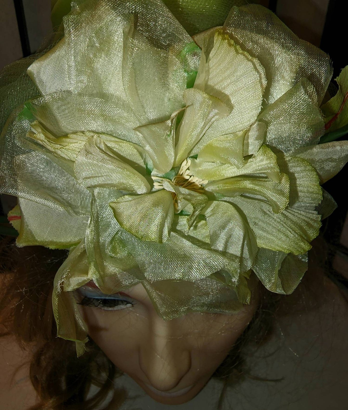 Vintage Floral Hat 1950s 60s Tall Light Green Fabric Net Hat Huge Front Flower Garden Party Mid Century Rockabilly 22.5 in.