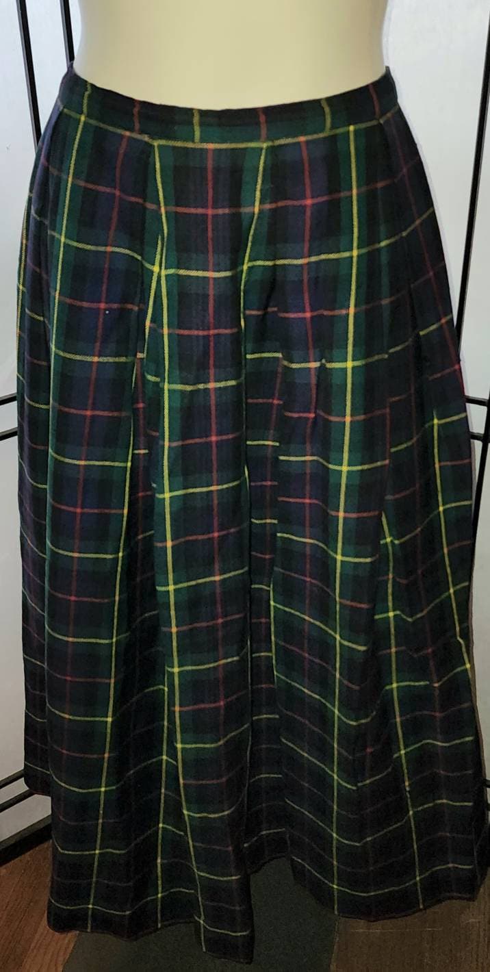 Vintage Wool Plaid Skirt 1960s 70s Classic Midlength Green Blue Red Yellow Plaid Skirt Back Zip Mid Century Rockabilly S