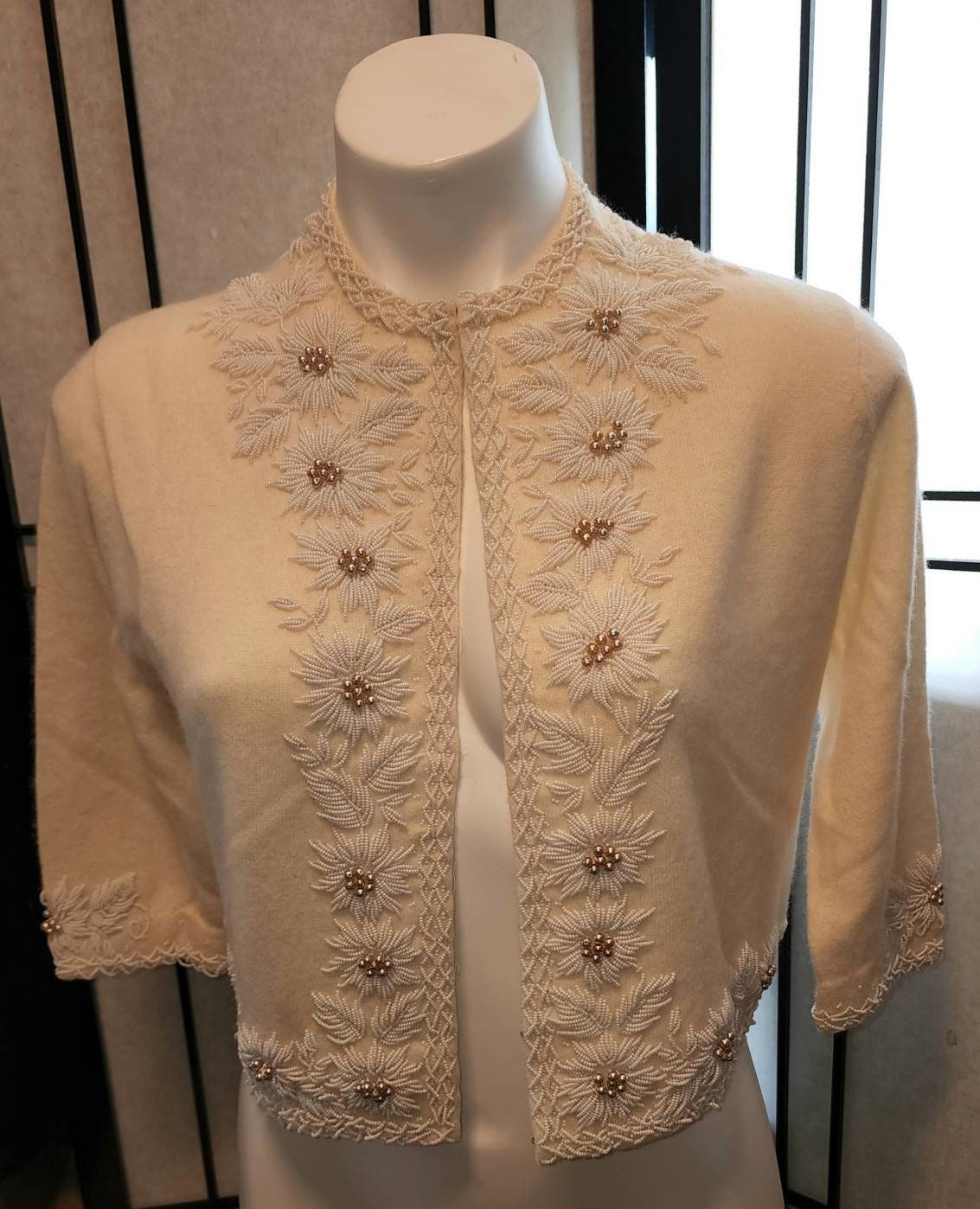 Vintage Beaded Sweater 1950s 60s Cream Wool Cropped Cardigan Hundreds of White Glass Seed Beads Floral Patterns Mid Century Rockabilly S
