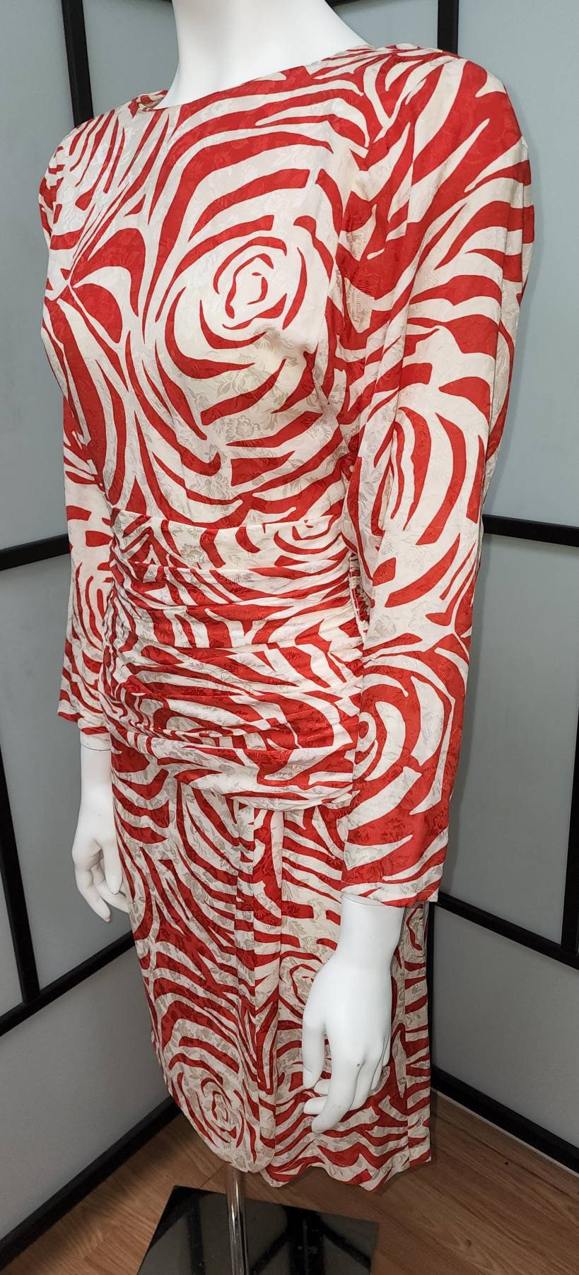 Vintage Designer Dress 1980s Oleg Cassini Red Cream Silk Tiger Striped Floral Embossed Dress Open Draped Back Boho Chic S vtg size 8