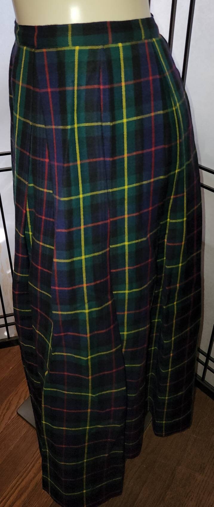 Vintage Wool Plaid Skirt 1960s 70s Classic Midlength Green Blue Red Yellow Plaid Skirt Back Zip Mid Century Rockabilly S