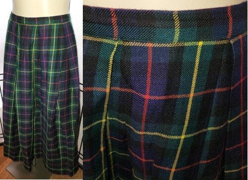 Vintage Wool Plaid Skirt 1960s 70s Classic Midlength Green Blue Red Yellow Plaid Skirt Back Zip Mid Century Rockabilly S