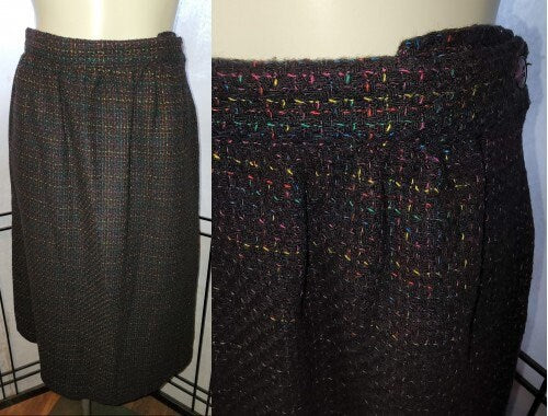 Vintage Wool Skirt Classic 1970s does 1950s Dk Brown Multicolor Wool Plaid Pencil Skirt Mid Century Rockabilly Block Island Petites S