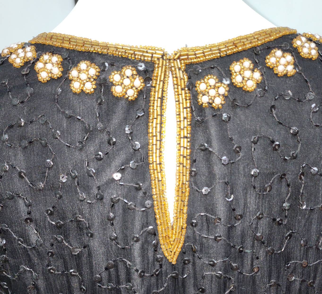 Vintage Beaded Top 1990s Black Silk Sequin Bead Faux Pearl Top Elaborate Beading Keyhole Back Lawrence Kazar Bling Bling Boho Petite L