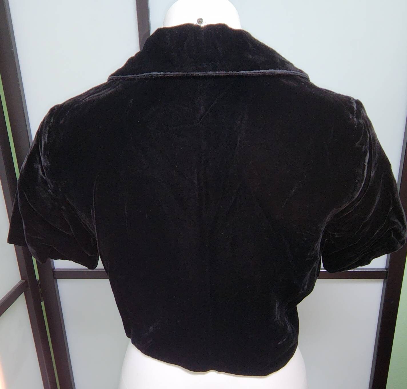Vintage 1950s Bolero Black Rayon Velvet Cropped Bolero Top Jacket Baar & Beards Mid Century Rockabilly S M