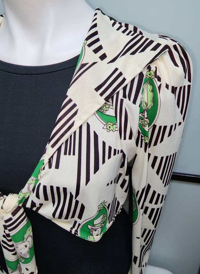 Vintage 1970s Does 1930s Face Print Top Black White Green Nylon Tie Front Top Unique Art Deco Boho S