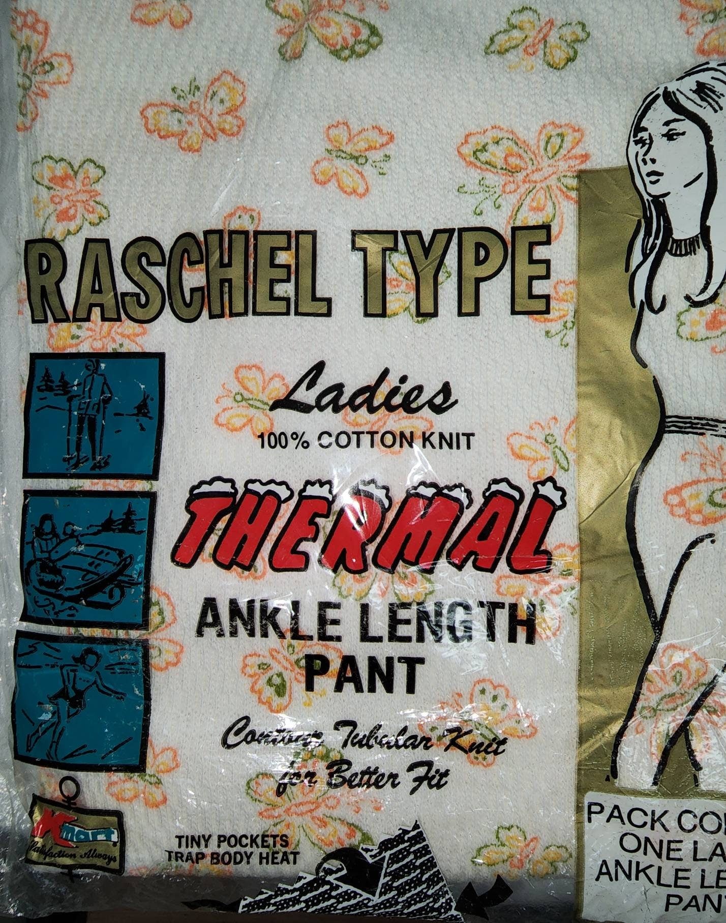 Unworn Vintage Women's Long Underwear PANTS Only 1970s Cream Waffle Cotton Orange Butterfly Print Long Thermal Pants NIP K Mart Boho XL