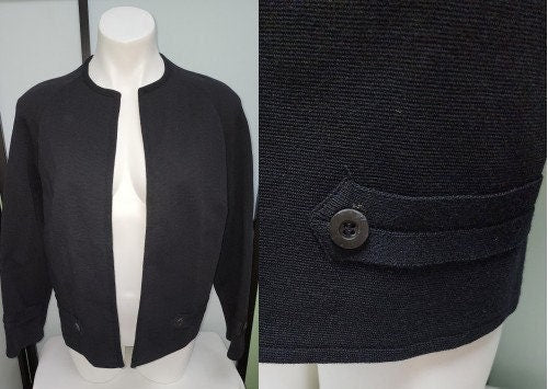 Vintage Wool Jacket 1950s 60s Black Wool Knit Open Jacket Button Tab Detail Catalina Mid Century Rockabilly L