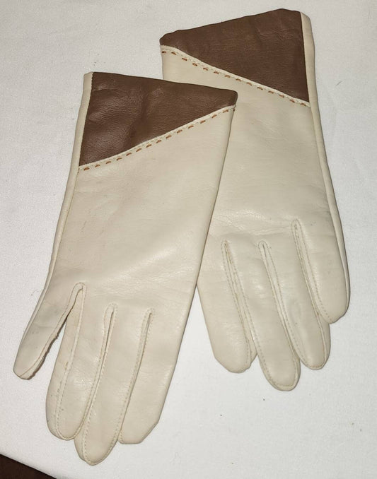 Vintage Vinyl Gloves 1960s 70s Cream Brown Vinyl Gloves Thin Nylon Lining Boho S