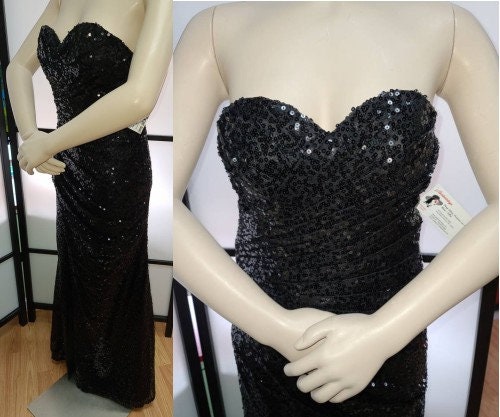 Vintage Sequin Gown 1990s Y2K Long Black Strapless Sequin Gown Sweetheart Bust Pageant Party Club Sexy Halloween Burlesque Drag XS S