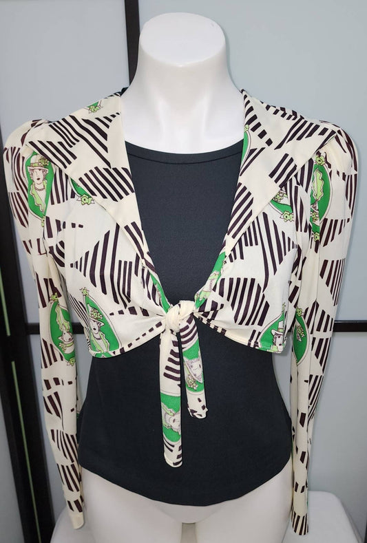 Vintage 1970s Does 1930s Face Print Top Black White Green Nylon Tie Front Top Unique Art Deco Boho S