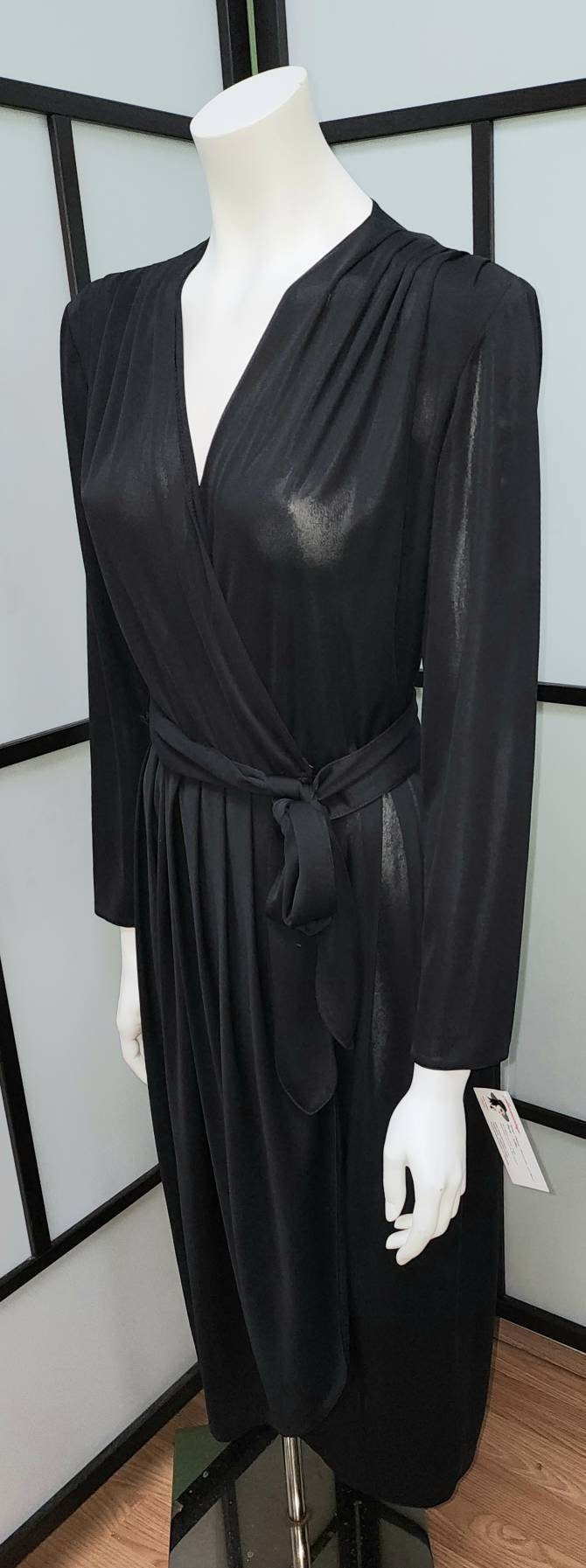 Vintage Black Dress 1970s Thin Semi Sheer Black Nylon Pseudo Wrap Dress Caron Disco Dancing Boho M